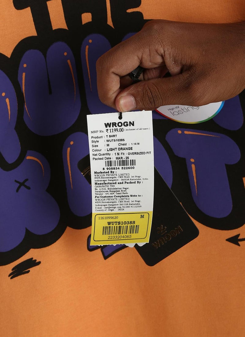 Wrogn Puff Print Oversized Fit T-Shirt |  Orange - Image 5